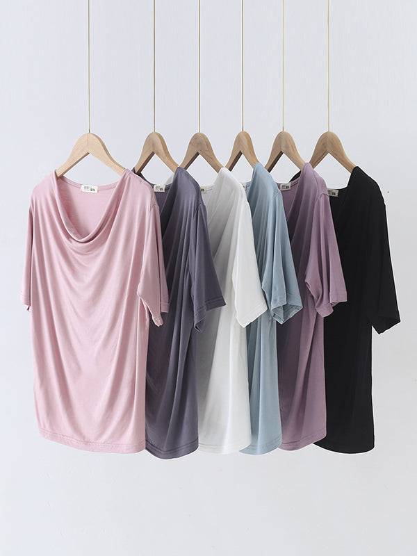 Short Sleeves Pleated Color Heaps Collar T-shirts Tops