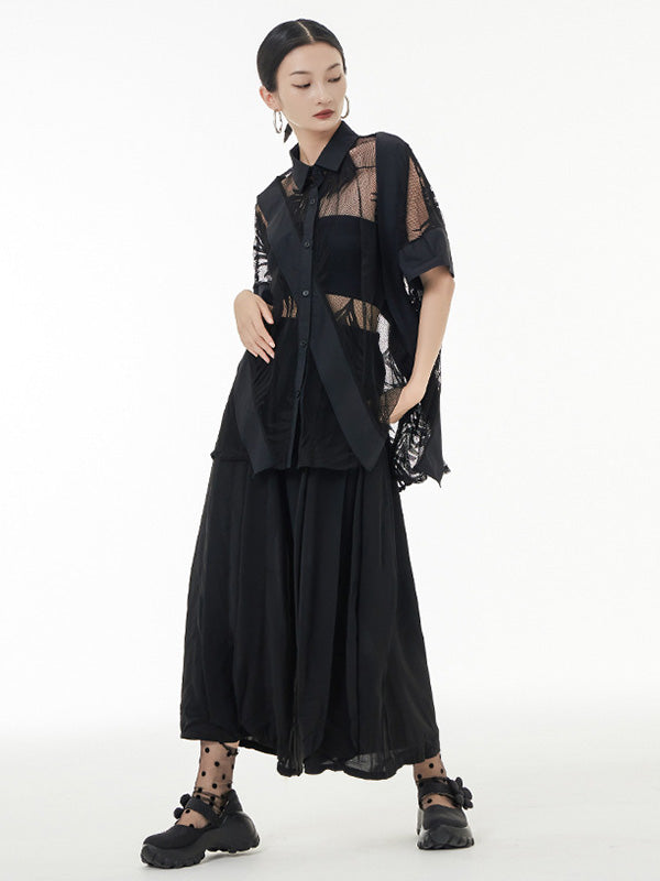 Stylish Loose Half Sleeves Buttoned Mesh Hollow See-through Blouses&shirts Tops