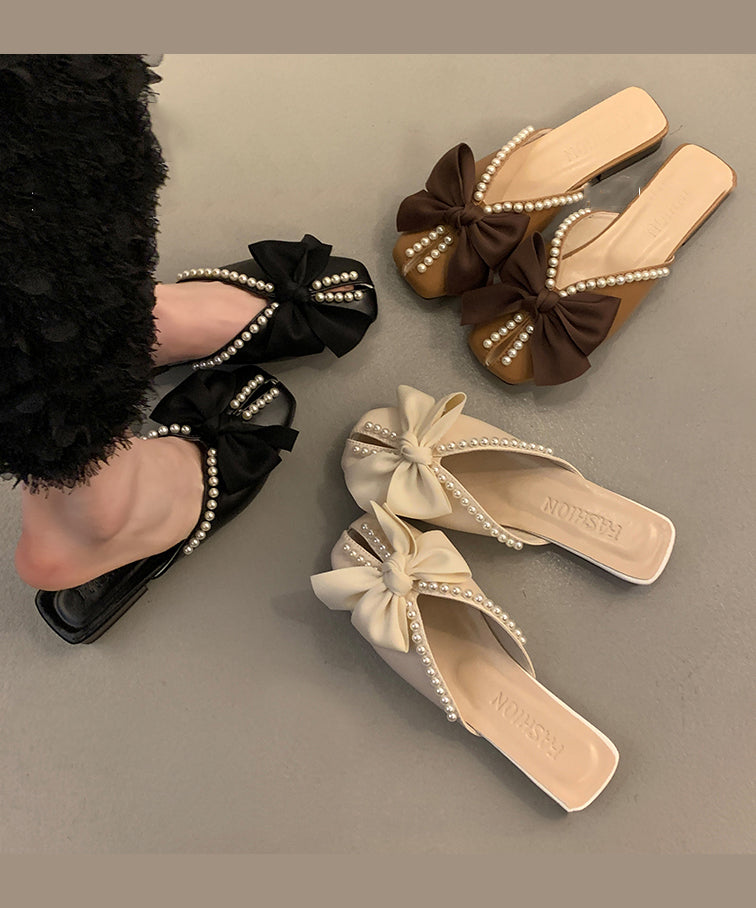 Black Faux Leather Splicing Slide Sandals Bow Nail Bead Aa016
