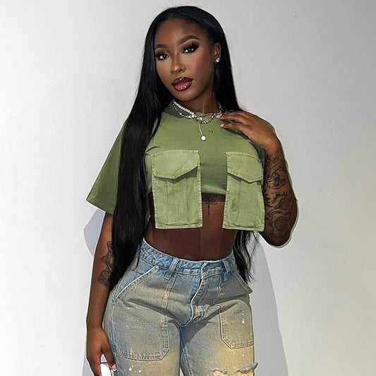 Cargo Pockets Green T-shirts O-neck Short Sleeve Slim Crop Tops Summer Female Tees