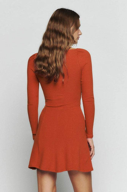 Knit Long Sleeve U-neck Mini Dress Orange