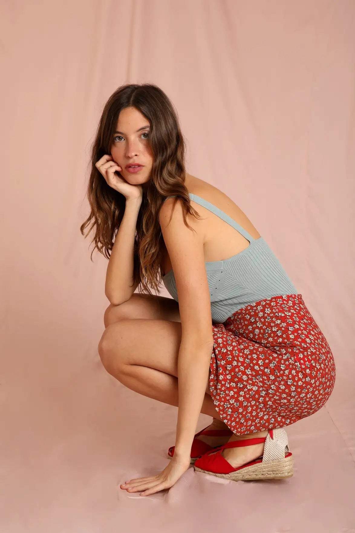 Silk Print Mini Skirt Red
