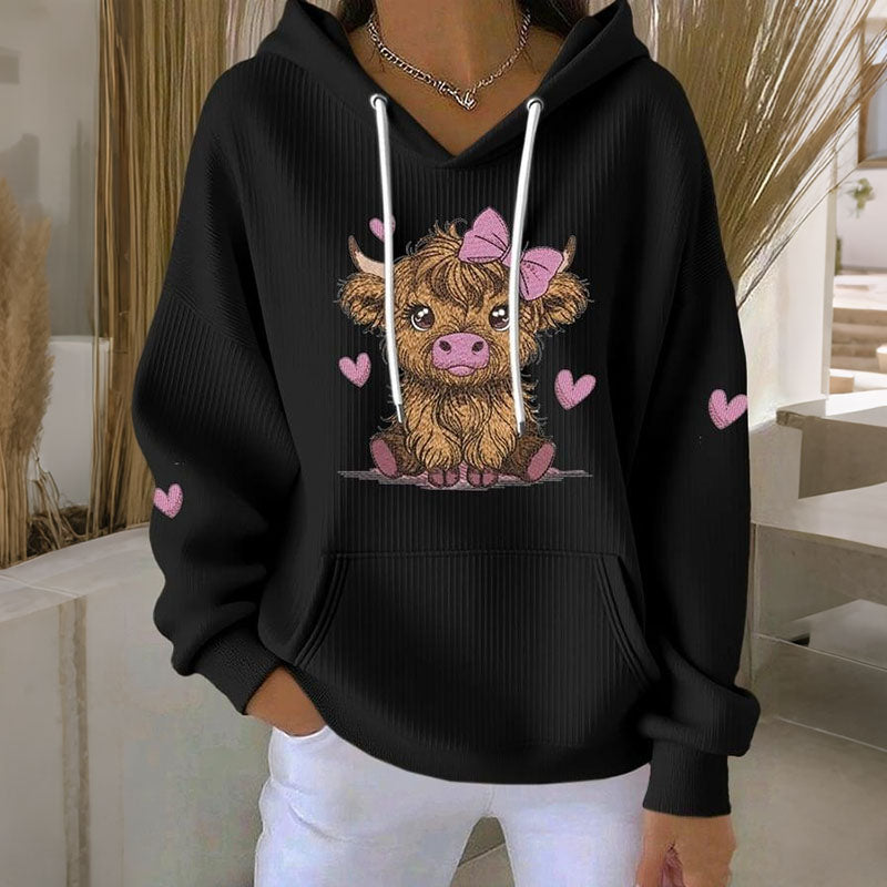 Women's Cute Heart Highland Cow Print Long Sleeve Casual Hoodie artswardrobe