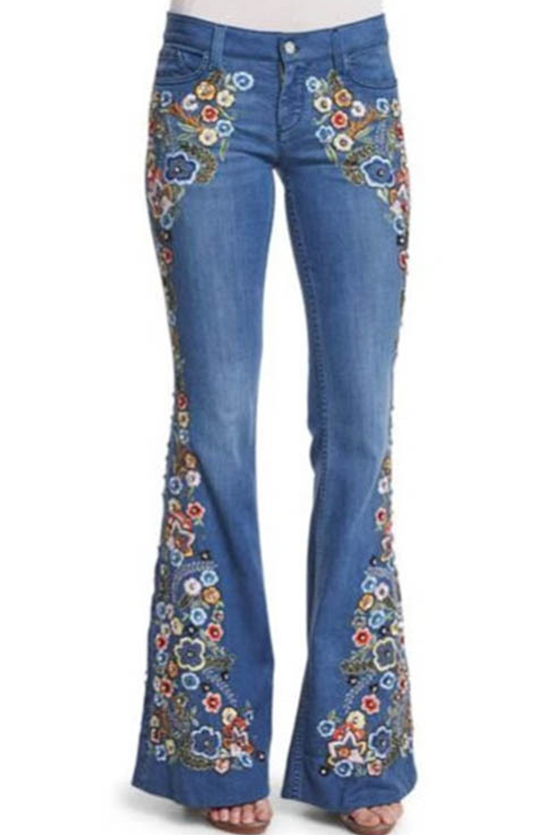 Print Patchwork Boot Cut Denim Jeans