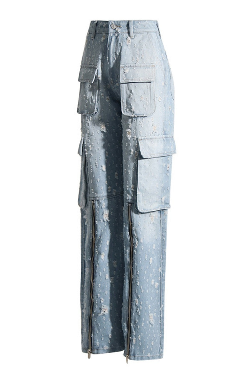 Patchwork Ripped Pocket Zipper Straight Denim Jeans