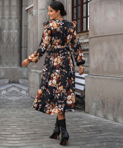 Harvest Love Print Tiered Midi Dress