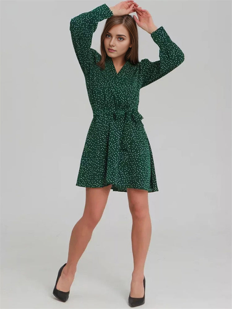 Tossy Lace-up High Waist V-neck Mini Dress for Slim Long Sleeve Bandage Dress Female Printed Dress Summer
