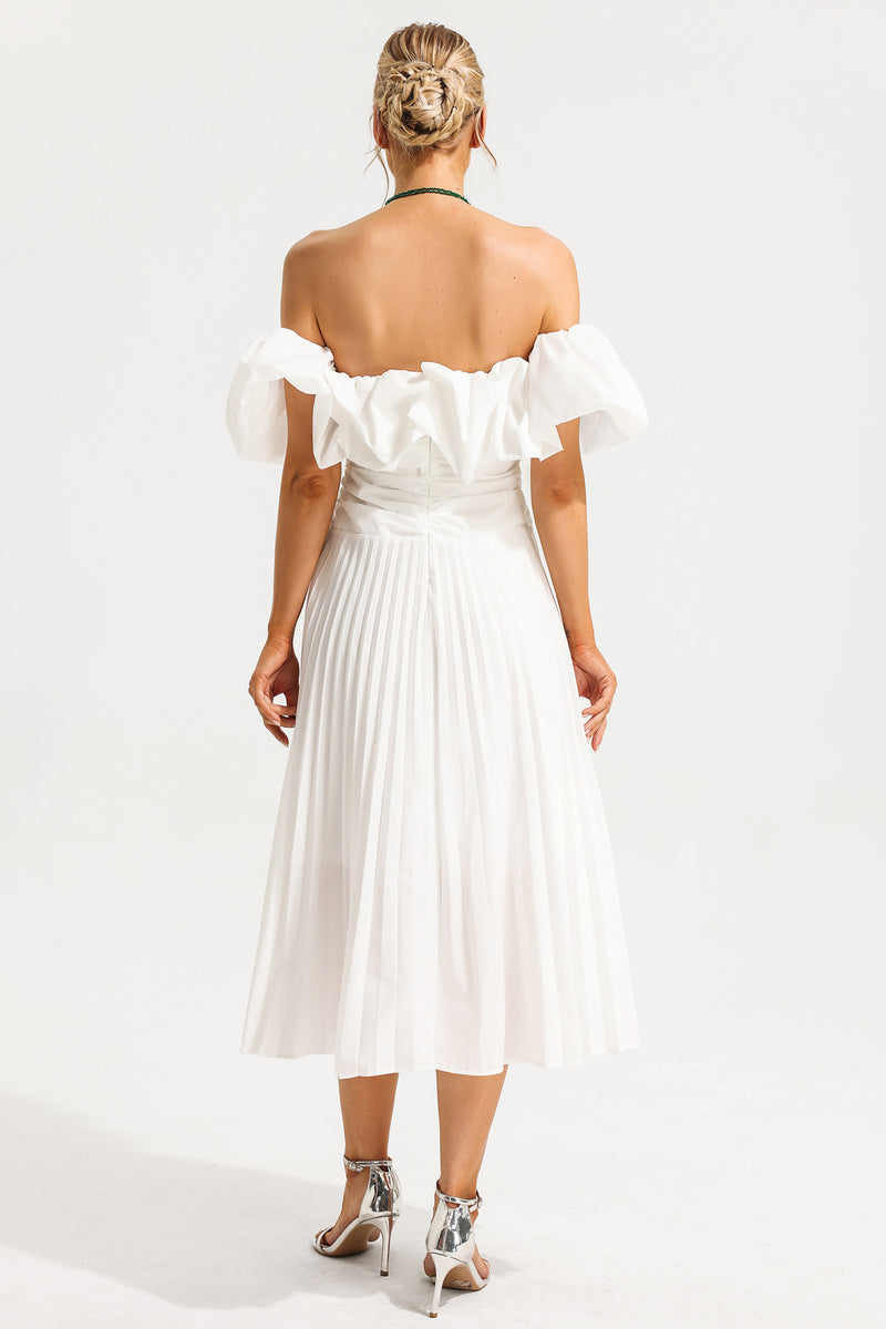 Off-shoulder Puff Sleeve Pleated Midi Dress White