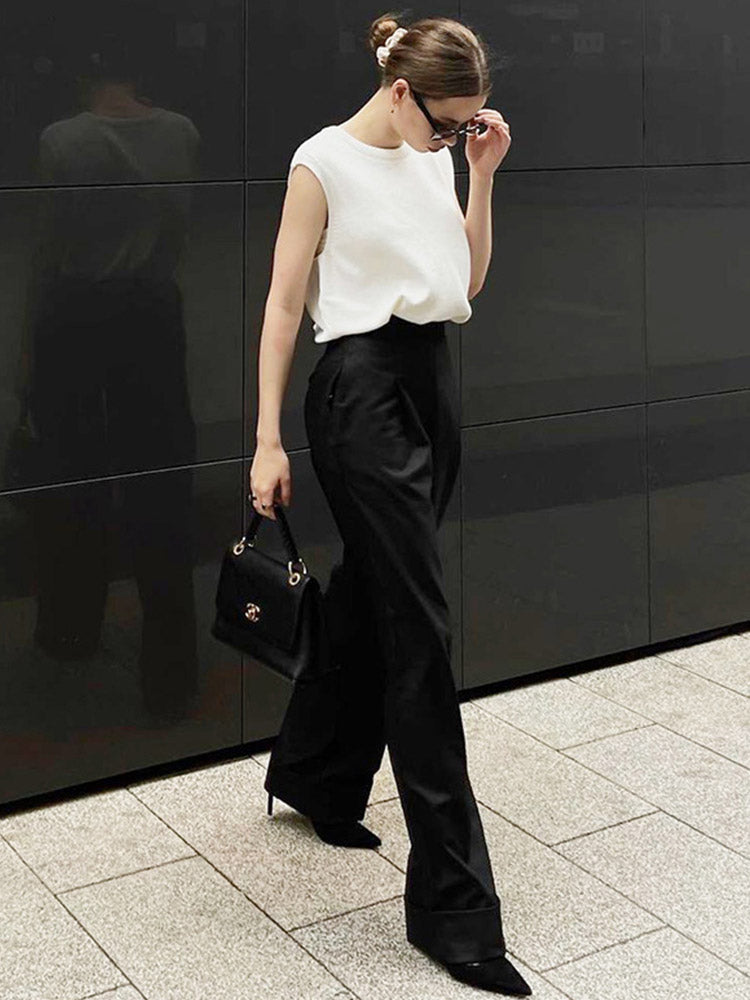 Spring Summer Black Office Trousers High Waist Pants Pockets Female Pleated Wide Leg Pants