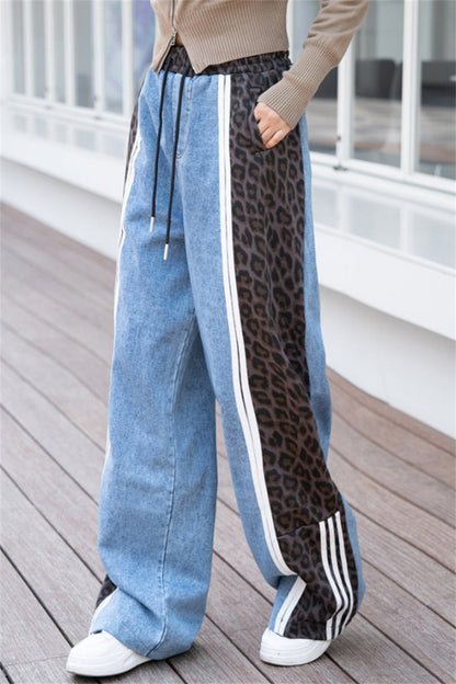 Leopard Print Patchwork High Waist Straight Denim Jeans