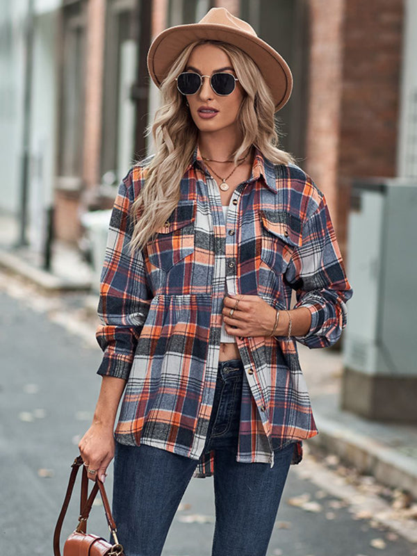 Loose Checkered Lapel Blouses&shirts Tops