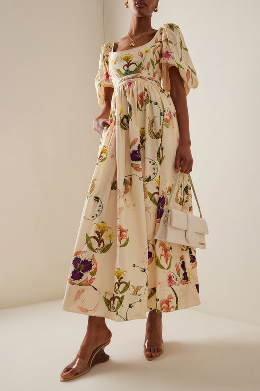 Embroidery Puff Sleeve Square Collar Midi Dress