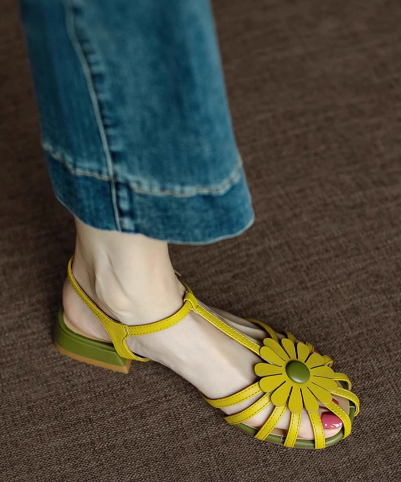 French Yellow Hollow Out Sandals Splicing Chunky Aa019