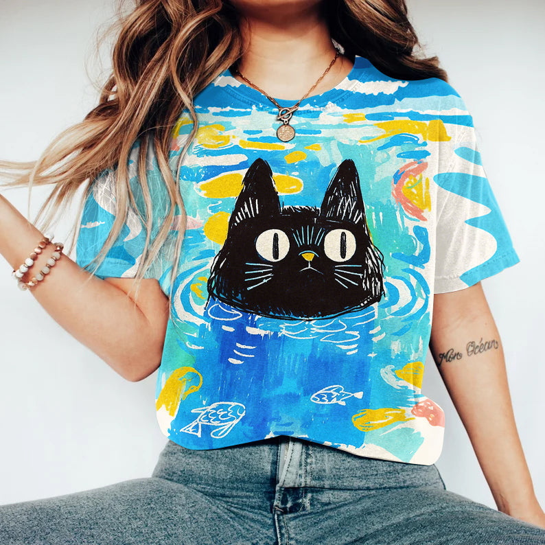 Comstylish Women's Funny Cat Art Print Crew Neck Short Sleeve T-shirt