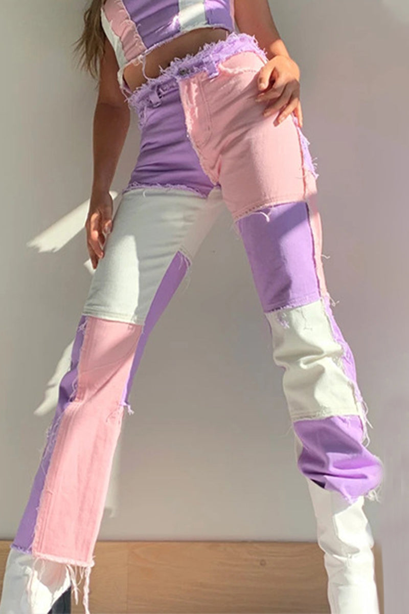 Color Block Patch Contrast Mid Waist Regular Denim Jeans(6 Colors)