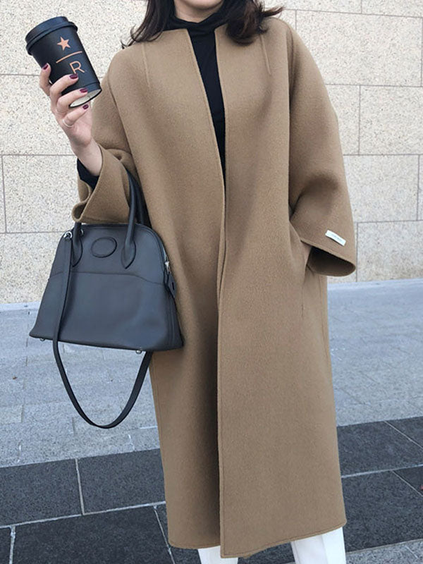 Long Sleeves Loose Color Collarless Woolen Coat