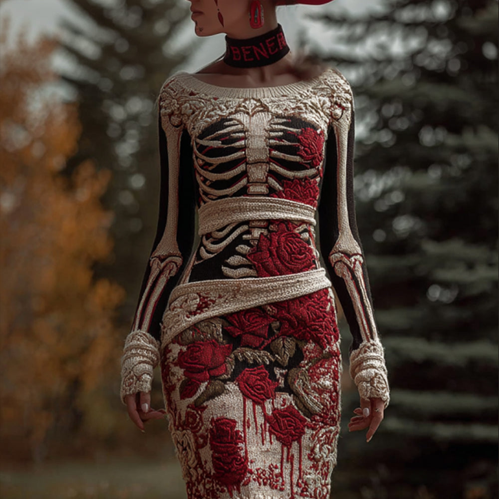 Women's Halloween Skeleton Rose Art Knitted Round Neck Dress artswardrobe
