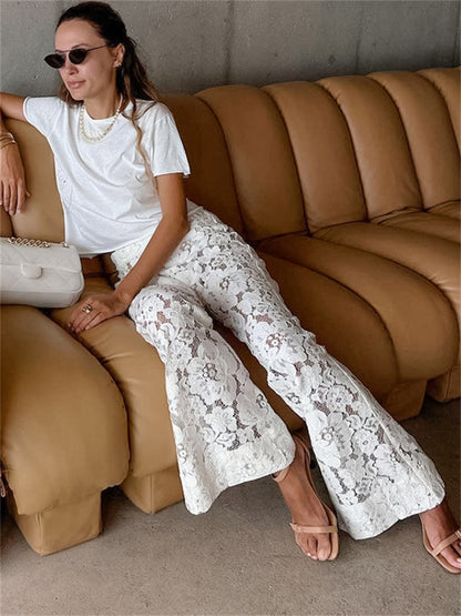 Tossy White Printed High Waist Straight Legg Patchwork Hollow Out Lace Pants Summer