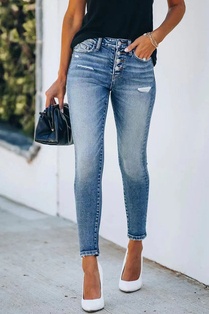 Street Buttons Color Denim Jeans