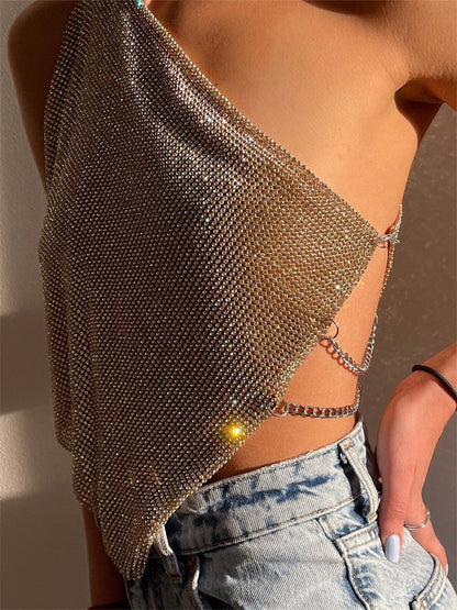 Tossy Glitter Backless Tank Top – Female Patchwork Off-shoulder Sequin Club Party Y2k Sparkle Vest