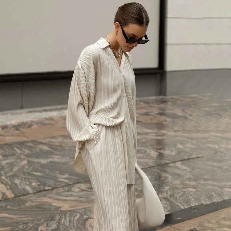 Autumn Straight Leg Pants Two Piece Set Western Clothing Pleated Shirt Trousers Set