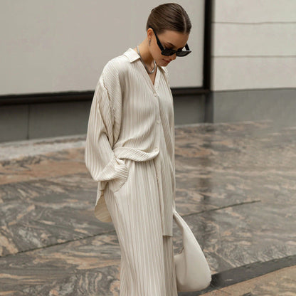 Autumn Straight Leg Pants Two Piece Set Western Clothing Pleated Shirt Trousers Set