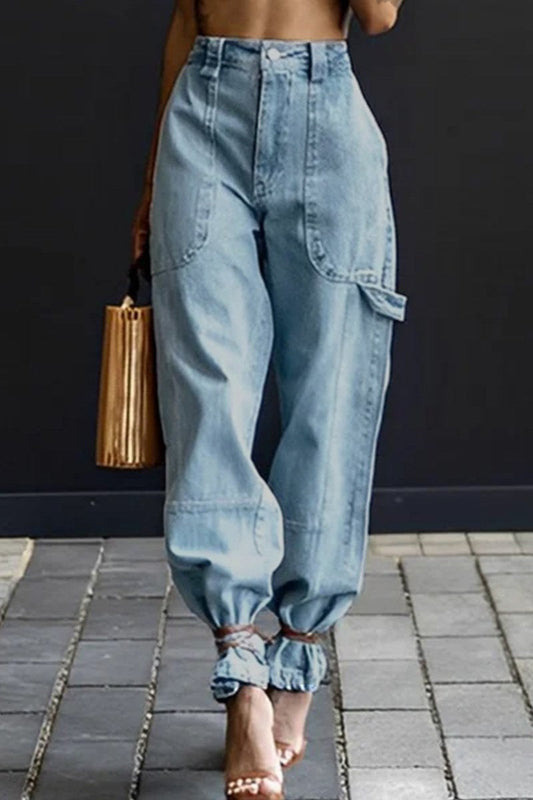 Color Pocket Belted Regular Denim Jeans (subject to the Actual Object )