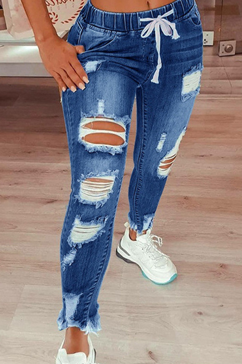 Street Ripped Draw String Skinny Denim Jeans(4 Colors)
