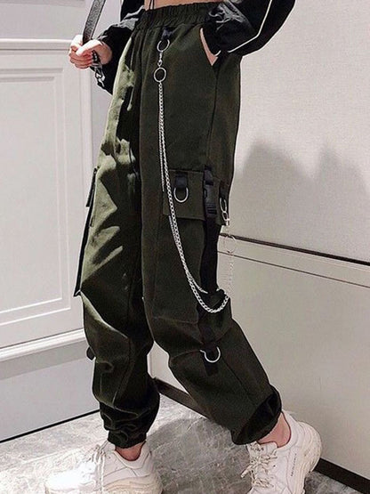 Cargo Pants Harem Pants Punk Pockets Jogger Trousers With Chain Harajuku Elastics High Waist