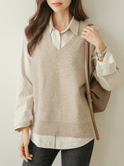 Loose Sleeveless Color V-neck Sweater Vest Outerwear