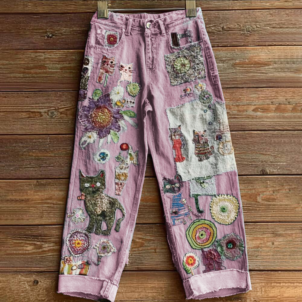 Women's Bohemian-style Floral Cat-print Jeans elevenforest