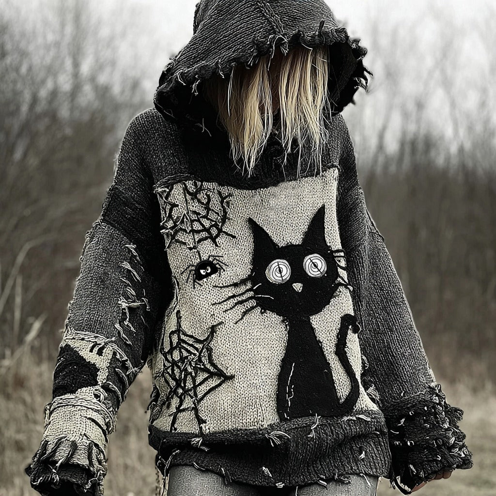Halloween Scared Black Cat Patchwork Stitched Cozy Knit Hooded artswardrobe