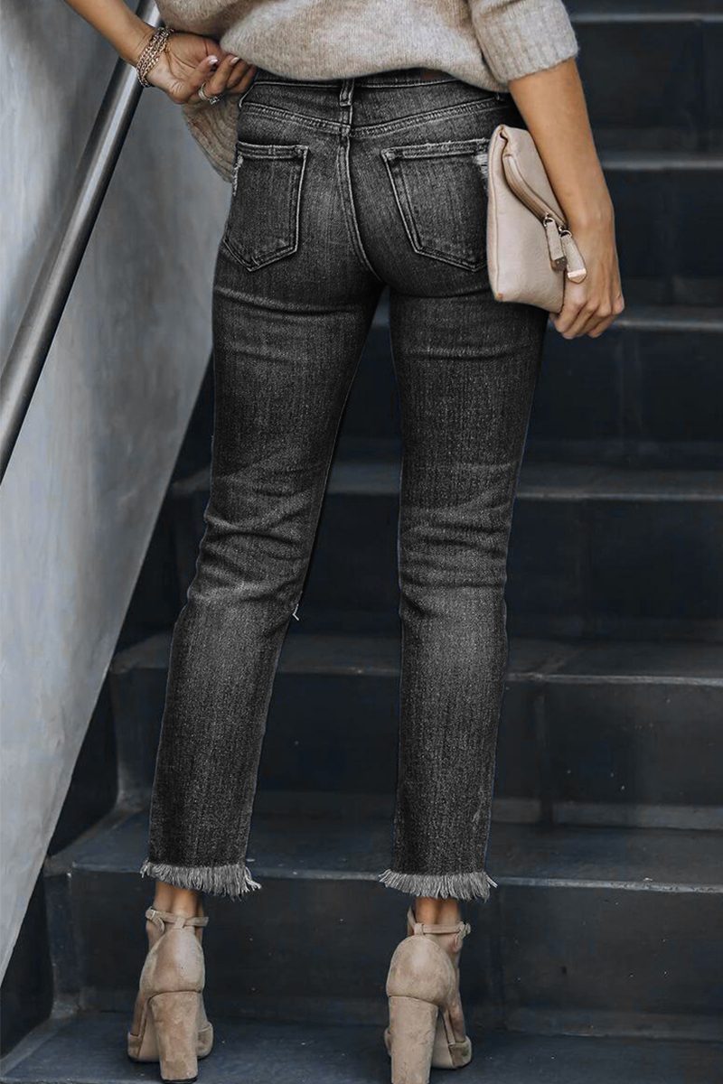 Ripped Mid Waist Skinny Denim Jeans