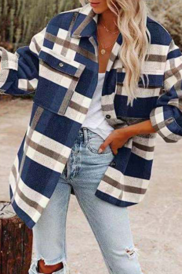 Plaid Pocket Buckle Turndown Collar Outerwear(8 Colors)