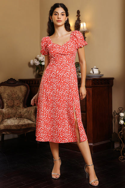 Puff Sleeve Slit Midi Dress Red