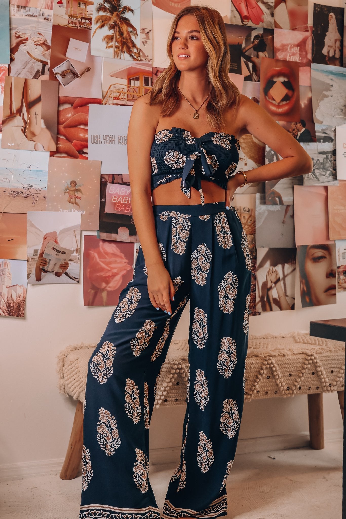Clothing Two Piece Bow Tank Top Printed Wide Leg Pants Thin Pants