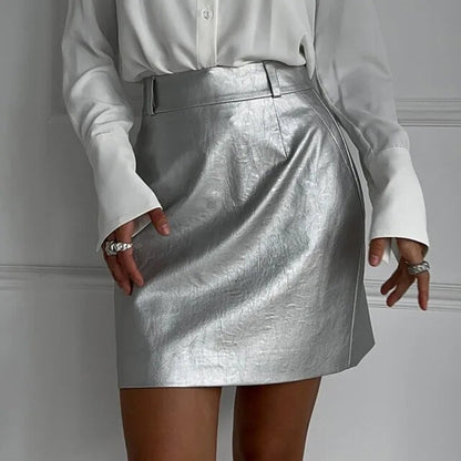 Taruxy Silver Pu Skirts for Slim High Waist Temperament Sheath Skirt Female Basic Bodycon Skirt Woman