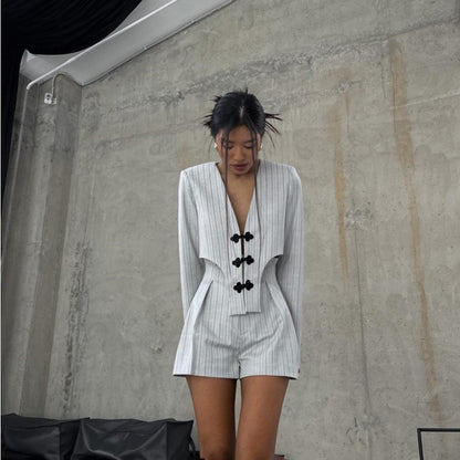 Taruxy Designer ’s Striped Set Oversized Blazer Two Pieces Set for Pullover Long Sleeve Shirt Tops and Shorts