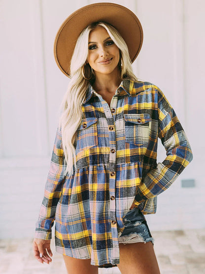 Loose Checkered Lapel Blouses&shirts Tops