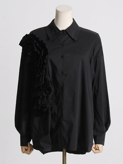 Long Sleeves Loose Asymmetric Buttoned Pleated Color Split-joint Three-dimensional Flower Lapel Blouses&shirts Tops