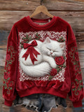 Classy Christmas Fuzzy Cat & Roses Embroidered Cozy Plush Sweatshirt