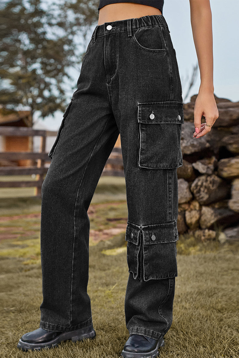 Street Pocket Mid Waist Loose Denim Jeans