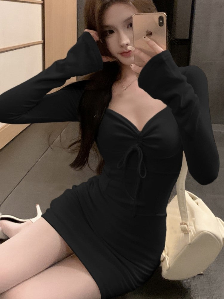 Y2k Knitted Dress Long Sleeve Bow Square Collar Autumn Spring Simple Mini Dresses Female Party Vestidos