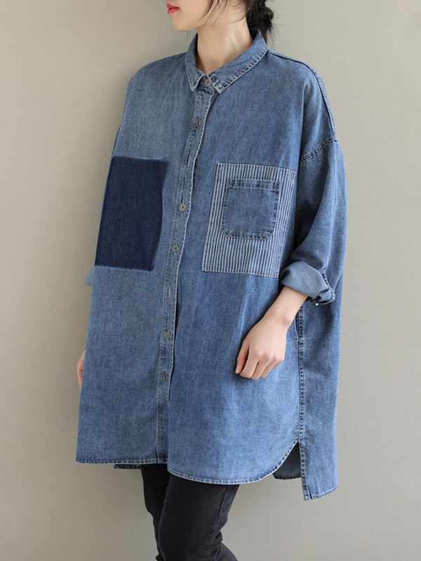 High-low Long Sleeves Asymmetric Buttoned Pockets Split-joint Lapel Blouses&shirts Tops
