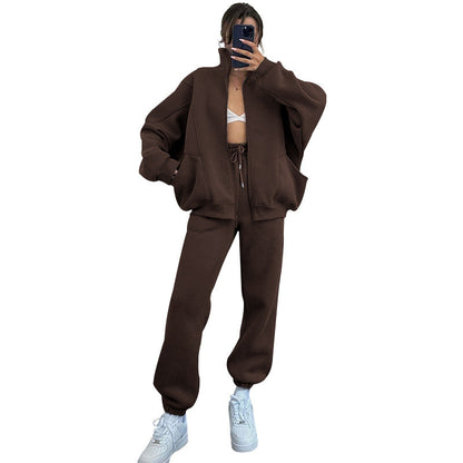 Autumn Winter Color Stand Collar Cardigan Long Sleeve Sweaters Clothing Trousers Suit