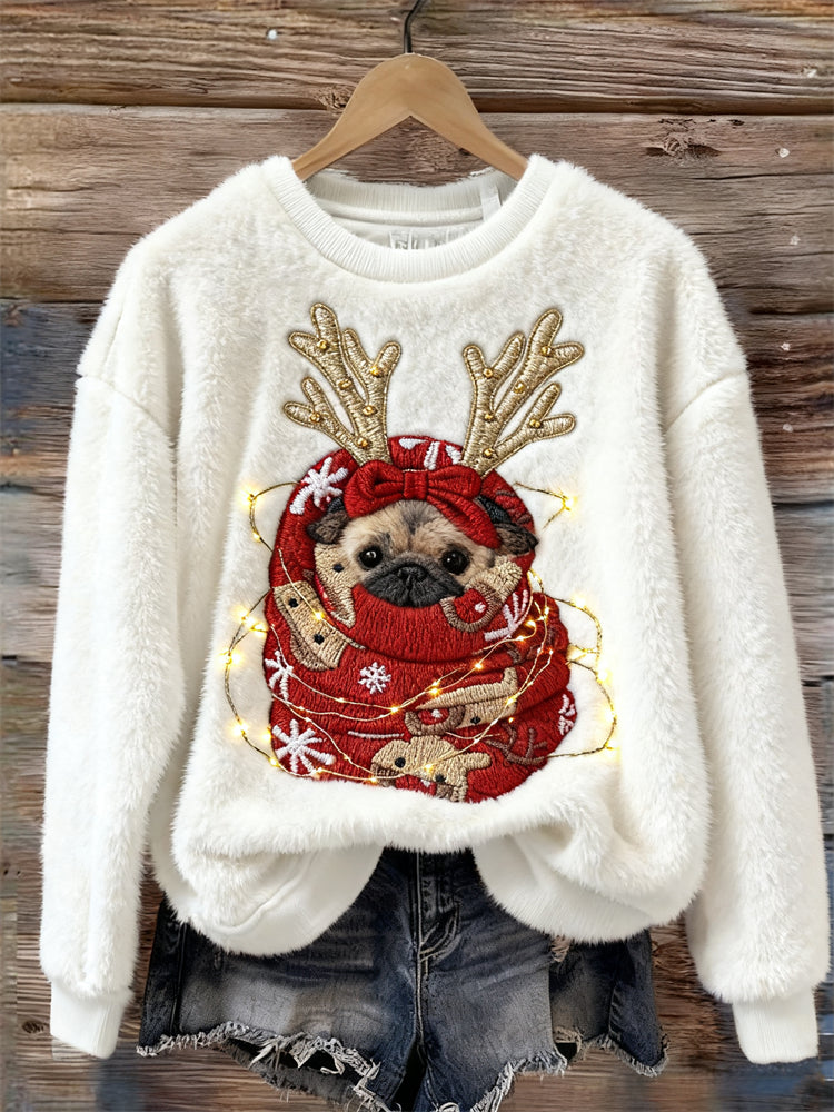 Christmas Pug Dog In Blanket Cozy Plush Sweatshirt