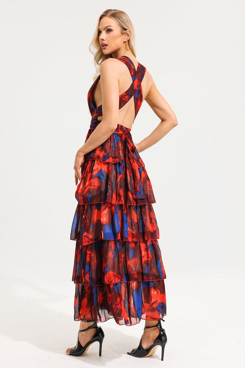 Watercolor Print Halterneck Tiered Maxi Dress