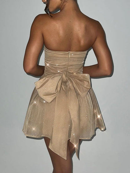 Taruxy Shiny Sequins Evening Dress Off Shoulder Slim Ruffle Mini Dresses Lady Party Bow Bandage Backless Dress Woman