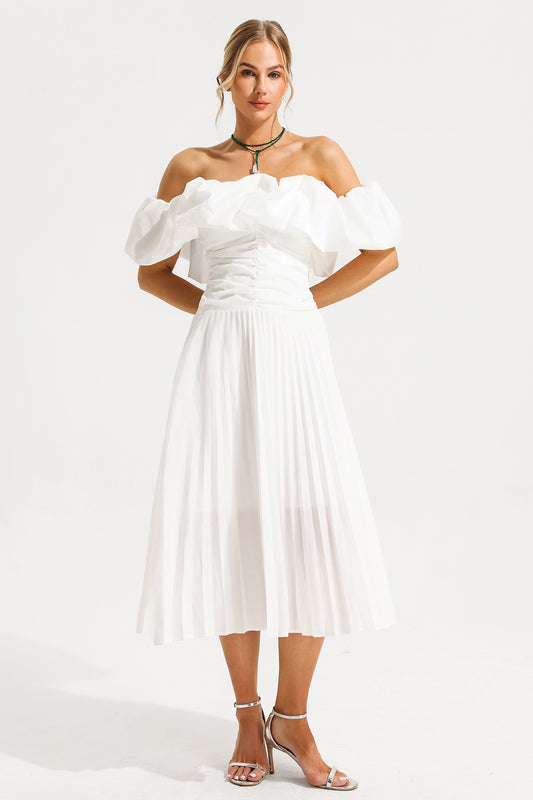 Off-shoulder Puff Sleeve Pleated Midi Dress White