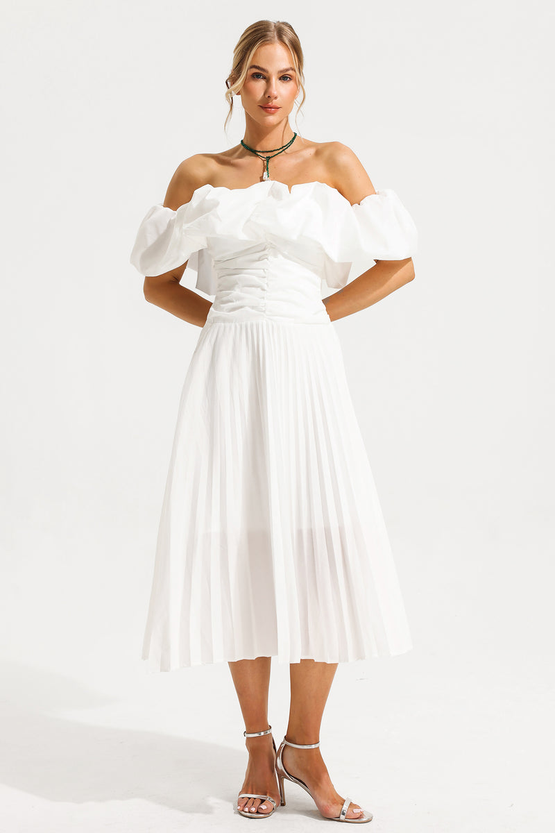 Off-shoulder Puff Sleeve Pleated Midi Dress White